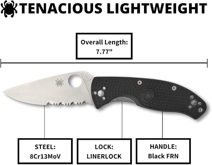 Spyderco Tenacious Lightweight Folding Pocket Knife, CombinationEdge | 7.77" Overall Length, 3.3" 8Cr13MoV Steel Blade, FRN Handle, LinerLock, Full-Flat Grind
