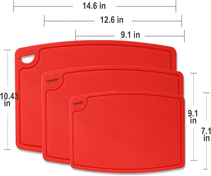 Silicone Thick Cutting Boards Mats Set of 3pcs Foldable & Flexible Design Juice Grooves Easy Grip Handle Dishwasher Safe for Kitchen,BPA free Silicone Cutting Boards/Mats-Red