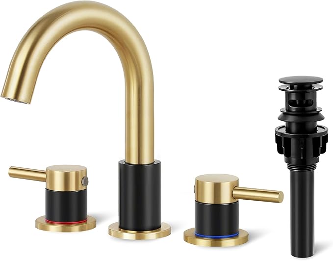 Bathroom Faucet 3 Hole, Brushed Gold and Black Bathroom Sink Faucet with Pop Up Drain, 8 inch Widespread Bathroom Faucet with 360° Swivel Spout, 2 Handle Vanity Faucet with Water Supply Hoses