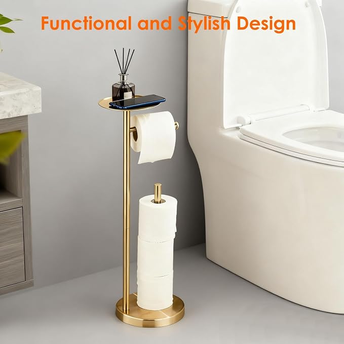 Toilet Paper Holder Stand Gold: Free Standing Tissue Roll Holder with Phone Shelf - Toilet Roll Dispenser Storages for 4 Rolls, Durable Stainless Steel for Bathroom
