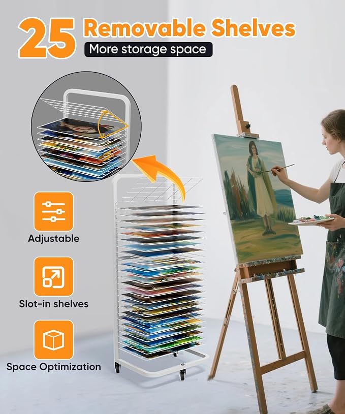 Art Drying Rack with 25 Removable Shelves, Mobile Metal Paint Drying Stand with Lockable Wheels, Functional Canvas Rack Art Storage for Artwork in Classrooms, Art Studios and Schools, White