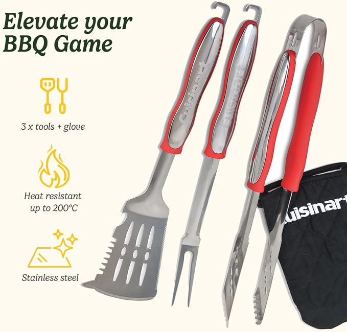 Cuisinart 3 Piece BBQ Set - Stainless Steel Spatula, Fork and Tongs with Long Handle, Heat Resistant Glove, Ideal BBQ Grill Tools