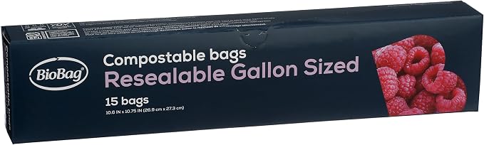 BioBag 100% Certified Compostable Resealable Food Storage Bags, 180 Count, Gallon, Perfect for Refrigerator or Freezer