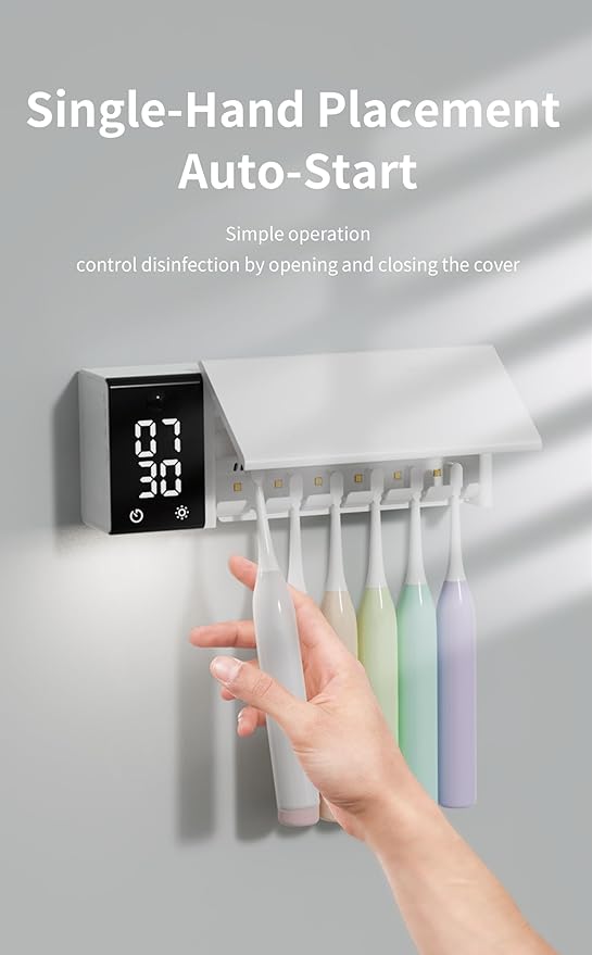 UV Toothbrush Holder Wall Mounted for Bathrooms | Smart Tooth Brush Sanitizer and Holder | Dual Toothbrush Stands | Sterilizer and Hot Air Drying | LED Clock Display, Motion Sensor, Bathroom Decor