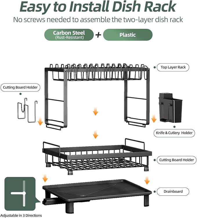 Dish Drying Rack, 2 Tier Space-Saving Dish Rack, Multifunctional Dish Drainer for Kitchen Counter with Drainboard/Utensil/Cup Holder Rustproof Carbon Steel, Black