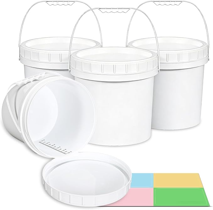 4 Pack 1.3 Gallon White Plastic Storage Buckets with Screw Lids, Food Grade Container with Measurement Markings, Reusable Small Container