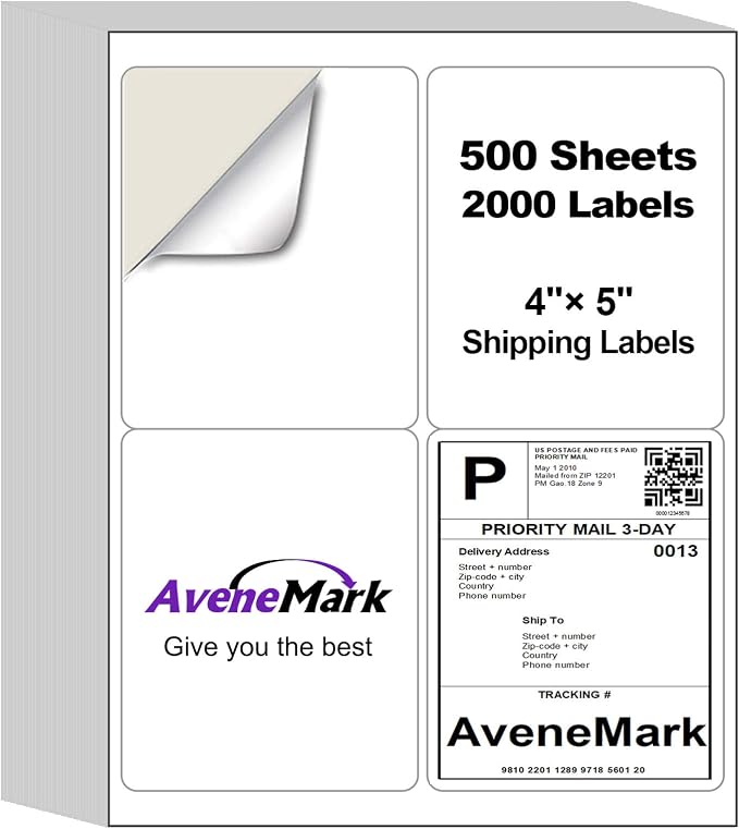 4" x 5" Shipping Labels – 500 Sheets, 2000 Labels – 4 Per Page – Compatible with Laser & Inkjet Printers – Permanent Adhesive Address Labels for Shipping, Mailing & Organization