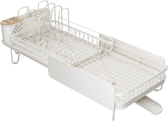 Large Expandable Dish Drying Rack for Kitchen Counter, 19.3-29.4 in, White | Family Size Capacity, Adjustable Dividers for Pan, Lid & Cutting Board, Stainless Steel, Rotating Spout, Utensil Holder