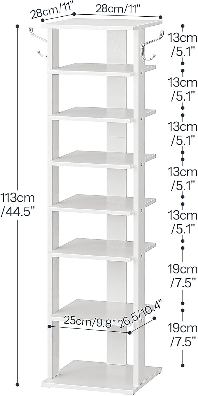 HOOBRO 8 Tiers Vertical Shoe Rack, Wooden Shoe Storage Organizer with Hooks, Narrow Shoe Tower for 8 Pairs, Space Saving, for Entryway, Living Room, Bedroom, White WT07XJ01G1