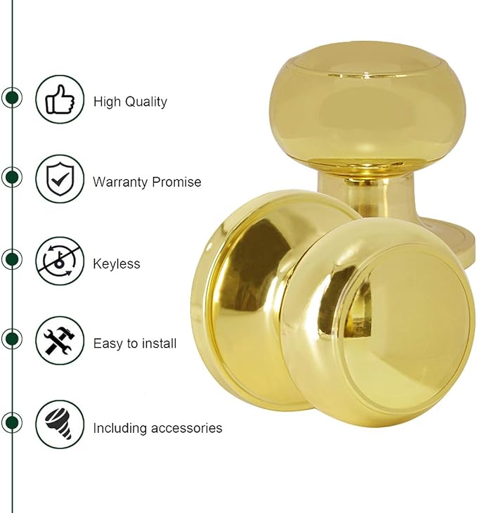 Probrico Passage Door Knobs Polished Brass Interior Hall/Closet Door Handles Keyless Locksets, 3 Pack