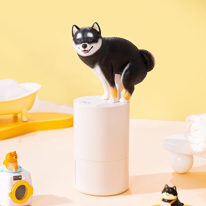 Touchless Foam Soap Dispenser, Black Shiba Inu Design, 300 mL | Touchless infrared foam dispensing with a refillable 300 mL tank