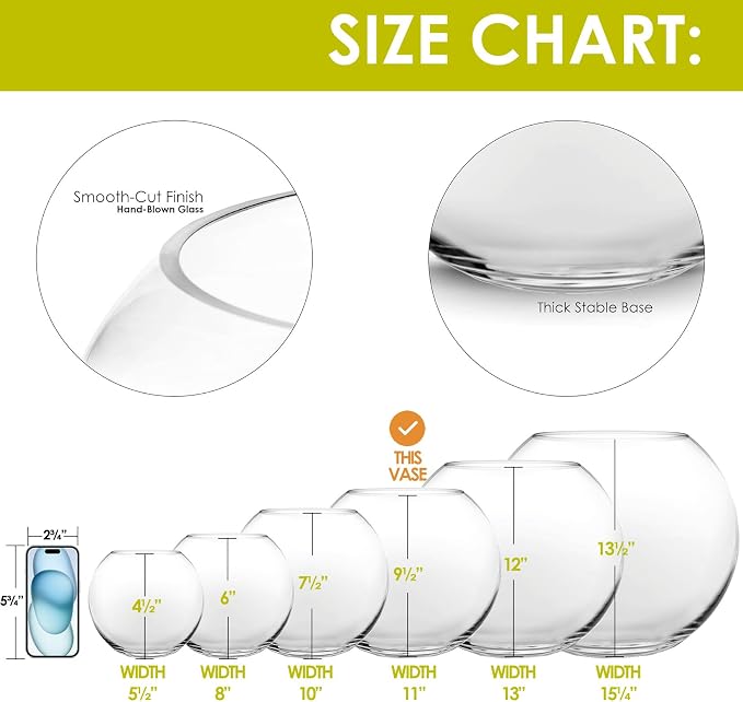 CYS EXCEL Large Glass Bubble Bowl (H-9.5" W-11, Approx. 2.8 Gal.) Fish Bowl Round Terrarium Vase Globe Flower Centerpiece for Weddings Events Arrangements