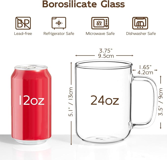 Glass Coffee Mugs, 24 oz Ice coffee cups, Large Clear Tea Cups Set of 4, Glass Mugs with Handles, Glass Cups for Latte, Cappuccino, and Tea