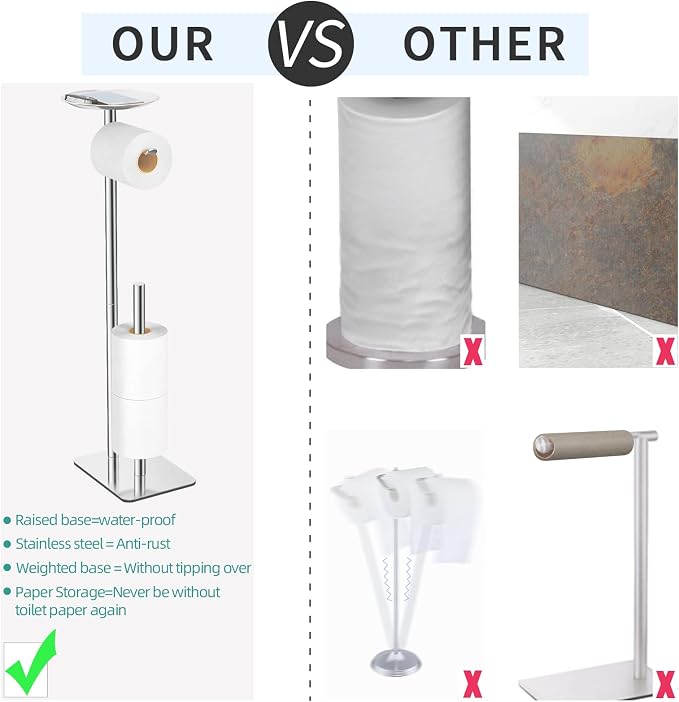 FEILERN Toilet Paper Holder Stand for Bathroom Floor Standing Toilet Roll Dispenser Storages 4 Reserve Rolls, with Top Storage Shelf for Cell Phones, Wipe, Wallet and More(Chrome)