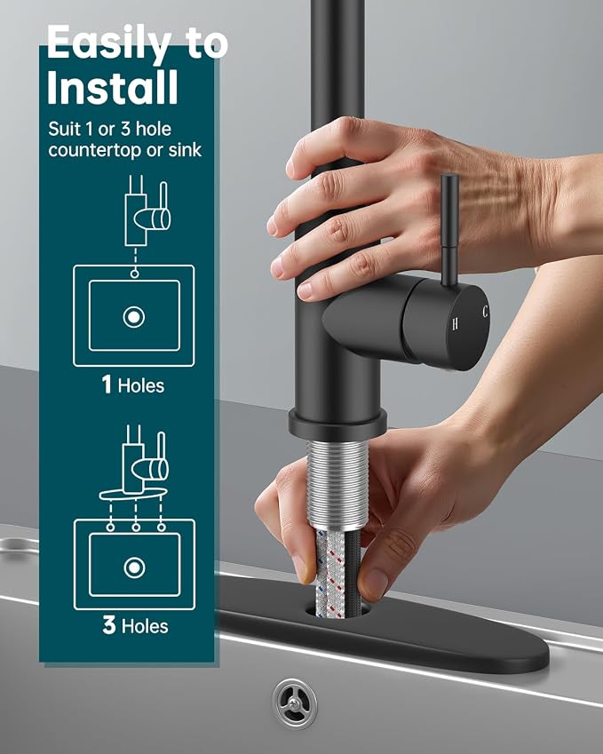 Hiqufet Kitchen Faucet, Pull Down Sprayer, Deck Plate, Matte Black | Easy Install, 360 Swivel, 3 Spray Modes, High Arc Spout, Fits 1- or 3-Hole Sinks, SUS304 Stainless Steel