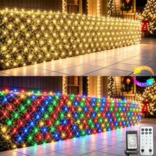 610 LED Net Lights Dual Color Changing, 34.5ft x 5ft Christmas Mesh Lights Clear Wire 11 Modes, Waterproof String Lights for Bushes Xmas Tree Garden Holiday Outdoor Party - Warm White & Multicolor