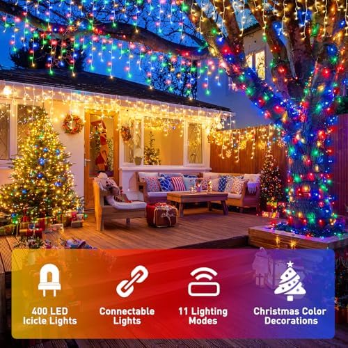 JMEXSUSS Color Changing Icicle Lights for Outside, 11 Modes 400 LED