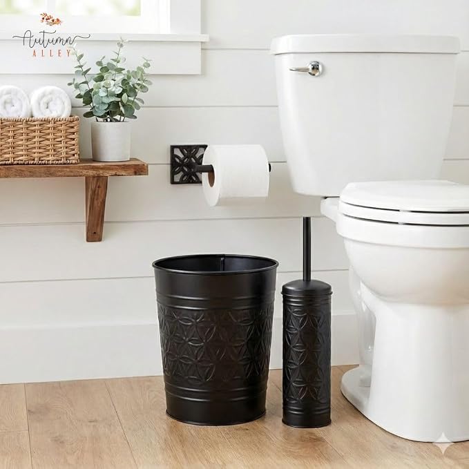 Autumn Alley Handcrafted Black Farmhouse Bathroom Trash Can and Toilet Bowl Brush with Holder Set - Metal Black Bathroom Accessories Set for Classic Bathroom Décor