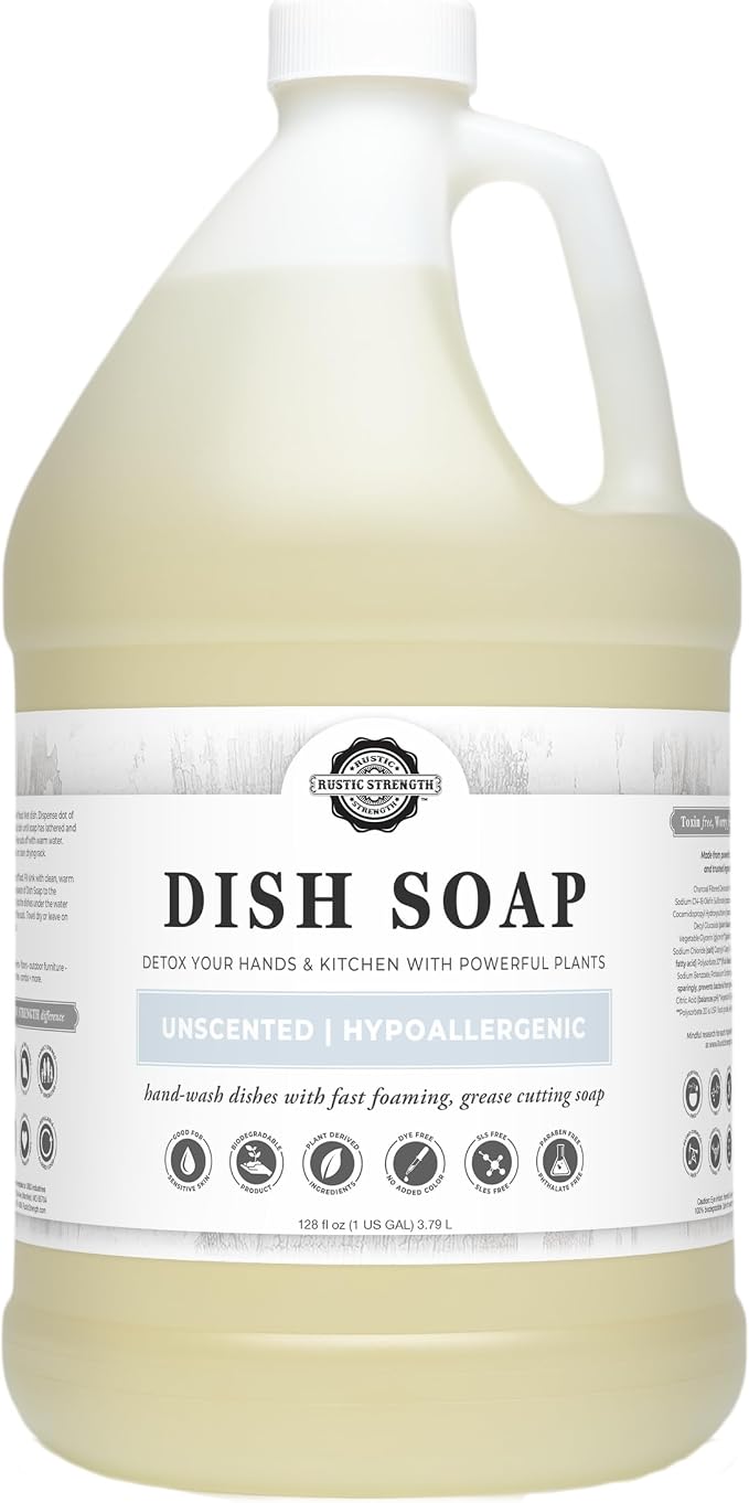 Rustic Strength Natural Dish Soap, Unscented, 64 oz Plastic | Plant-Based Concentrated Formula, Sensitive Skin, Biodegradable, Dye, Sulfate, Paraben,and Phthatlate Free, Septic Safe