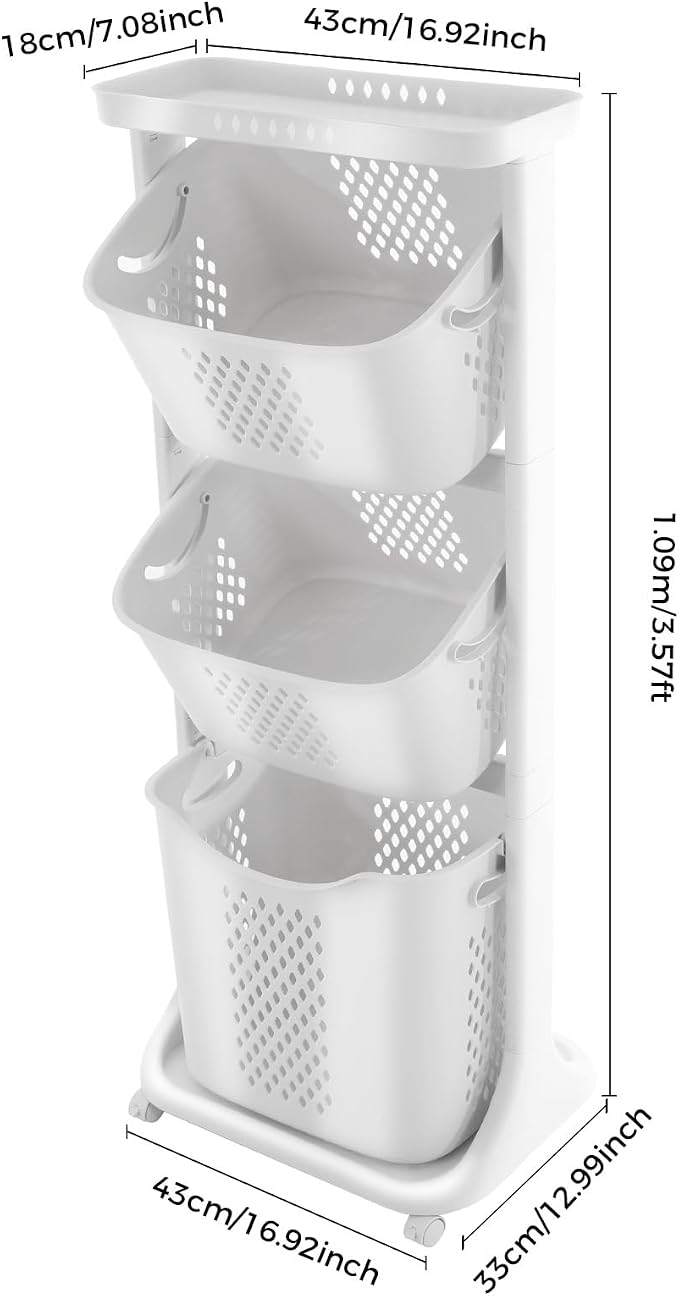 3 Tier Laundry Basket for Bathroom Rolling Stackable Storage with Wheels | 360° rolling wheels (2 lockable). Large capacity, hollow design prevents odors. Top shelf holds 11 lbs. Space-saving
