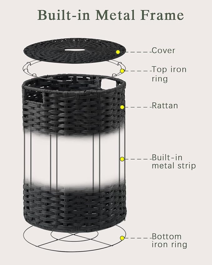 SETVSON Large Laundry Hamper Laundry Basket Round 130L, Black | Decorative PE Rattan Furniture Look for Bedroom, Round Laundry Hamper, Removable Liner Bag, 2 Mesh Bags, Handles