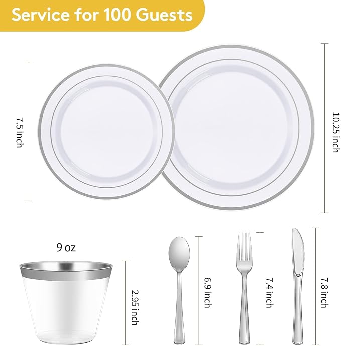 Goodluck 420Pieces silver Disposable Plates for 70 Guests, Plastic Plates for Party, Dinnerware Set of 70 Dinner and 70 Dessert Plates, 70 Spoons, 70 Forks, 70 Knives, 70 Cups