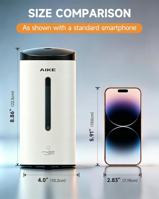 AIKE Automatic Foaming Soap Dispenser 25oz for Bathroom,Mattewhite AK1205FA | Rich Foam and Stainless Steel,No-drill and Screw Wall Mount,5-Level Adjustable and Key for Commercial(Batteries Not Included)