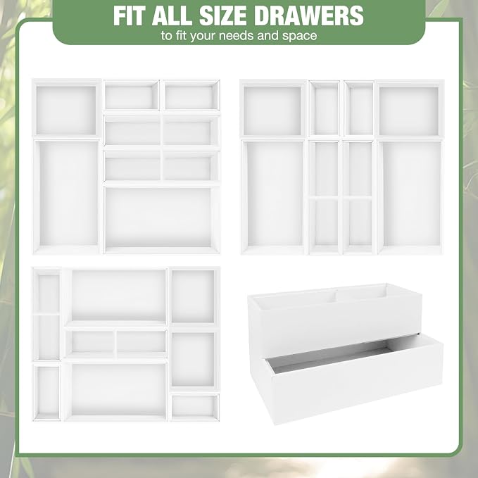Bamboo Drawer Organizer Set, 8 PCS White Multi-Use Wood Drawer Storage Kitchen Boxes, Junk Drawer Organizer Divider Bins for Bathroom, Office Desk, Makeup, Jewelry, Utensils