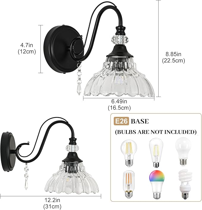 1 Piece Black Wall Sconce, 1-Light Black Farmhouse Wall Sconce with Hanging Crystal Accents and Flower-Shaped Clear Shades for Bathroom Bedroom Living Room,Vintage Vanity Light