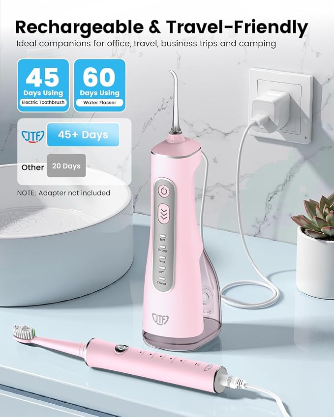 JTF Electric Toothbrush & Water Flosser Combo, 2-1 Portable Oral Clean Kit | Effective Yet Gentle Brushing & Flossing, Multiple Modes for Braces & Sensitive Teeth Care, Cordless for Home Travel, Pink