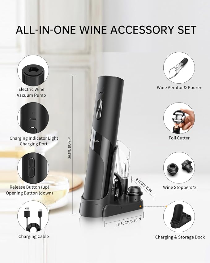 CIRCLE JOY Rechargeable Wine Opener Electric Wine Bottle Opener, 7-in-1 Wine Gift Set with Electric Vacuum Pump, Charging Station, Foil Cutter, Wine Aerator Pourer and 2 Wine Stoppers, Black