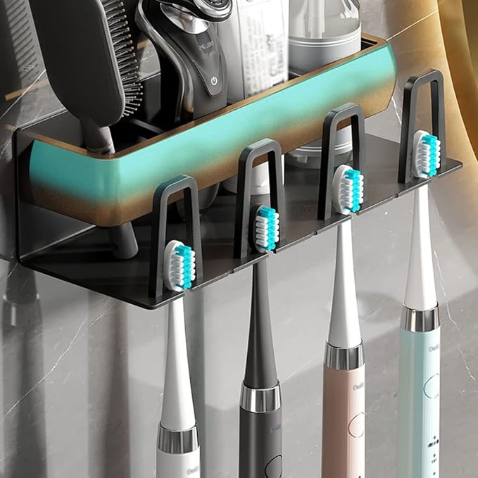 Toothbrush Rack Toothbrush Holder Wall-Mounted Bathroom Storage Rack 4 Toothbrush Slots, Punch-Free Multi-Function Toothbrush Holder Bathroom Toothbrush Holder(B)