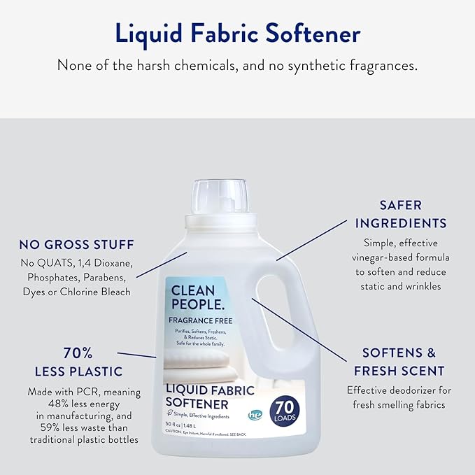 Clean People All Natural Liquid Fabric Softener - Plant-Based, Eco Friendly - Naturally Softens & Removes Static Cling - Vegan - Fragrance Free Laundry Softener - 100 fl oz - 140 loads