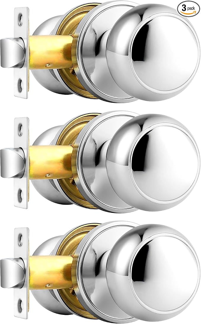 Probrico Hall and Closet Knobs, Bright Chrome Passage Door Knobs, Non-Locking Interior Door Handles, 3 Pack
