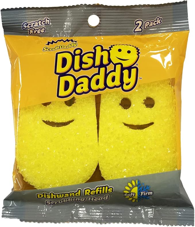 Scrub Daddy Dish Daddy Wand, Refill Heads, Sponge & Connector Head, Soap Dispensing Dish Brush, Texture Changing Washing Up Sponge with Liquid Handle, Built-in Scraper & Scrubbing Head - Yellow