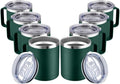 MEWAY 12oz Coffee Mug With Handle and Sliding Lid,Stainless Steel Travel Tumbler Cup with Handle,Double Wall Vacuum Insulated Camping Cup for Hot & Cold Drinks Tea (Forest Green,Set of 8)