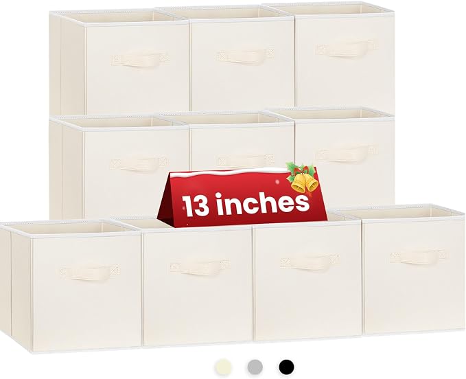Large Storage Cubes, 13 Inch Cube Storage Bins for Shelves Closet Nursery Bedroom - 10 Pack Collapsible Storage Baskets with Handles - Fabric Bins for Organizing Magazines Clothes Toys (Beige)