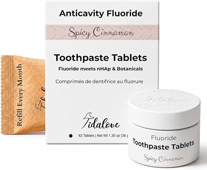Cinnamon Fluoride Toothpaste Tablets, Reusable Tin 62 ct | Non-mint flavor with nHAp. Vegan, plastic-free starter set. Refillable tin, waterless & TSA-friendly for travel.