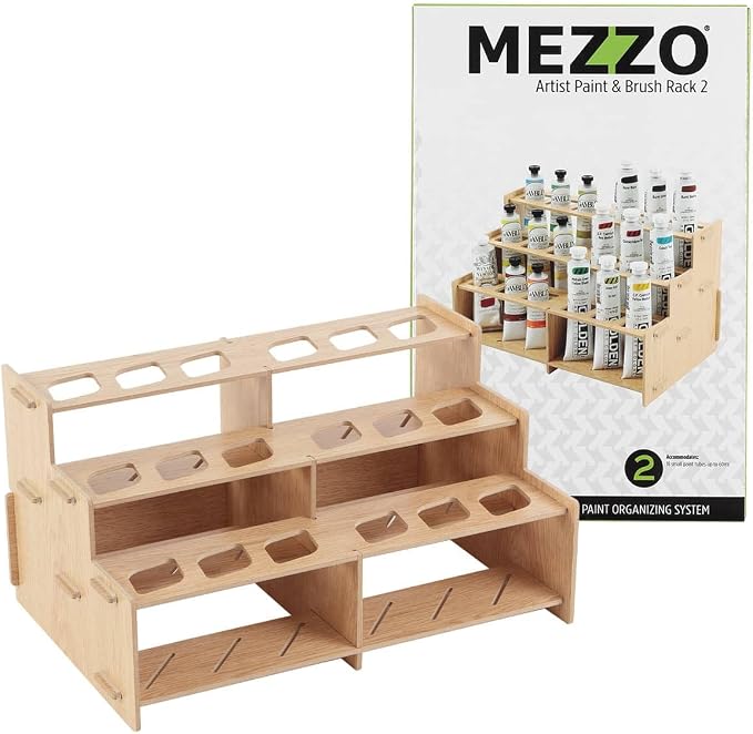 HG Art Concepts Mezzo Artist Paint and Brush Racks - Wood Grain Laminate Multi Layer Desk Stand Professional Storage Display Organizer for Paintbrushes and Tubes - Straight Rack, 3 Pack