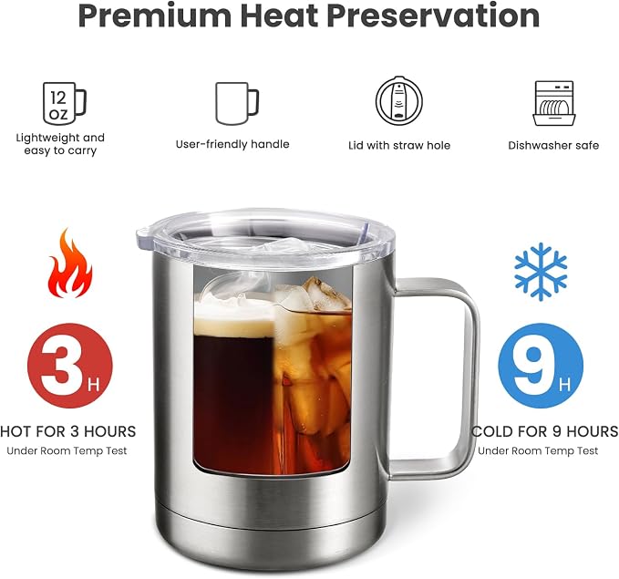 MEWAY 12oz Coffee Mug With Handle 2 Pack Bulk,Stainless Steel Insulated Travel Tumblers With Sliding Lid,Double Wall Vacuum Camping Cup for Hot & Cold Drinks Tea (Sliver,Set of 2)