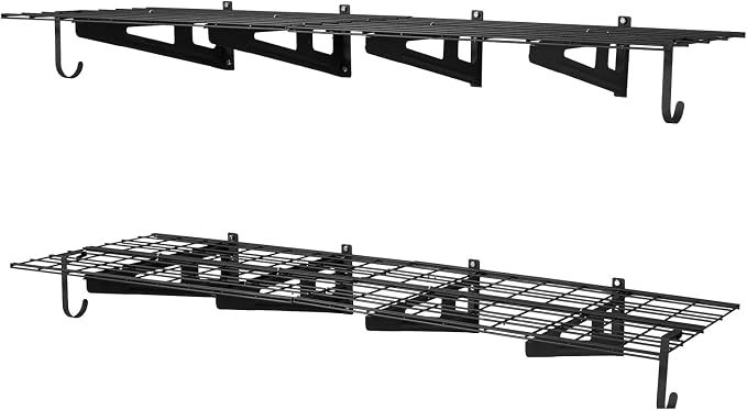 VEVOR 2-Pack Heavy Duty Garage Wall Shelving, 2 x 6 ft Steel Wall Mounted Shelving Unit with Hooks, 24 x 72 Inch Per Shelf Floating Storage Metal Rack, 1000 lbs Total Weight Capacity
