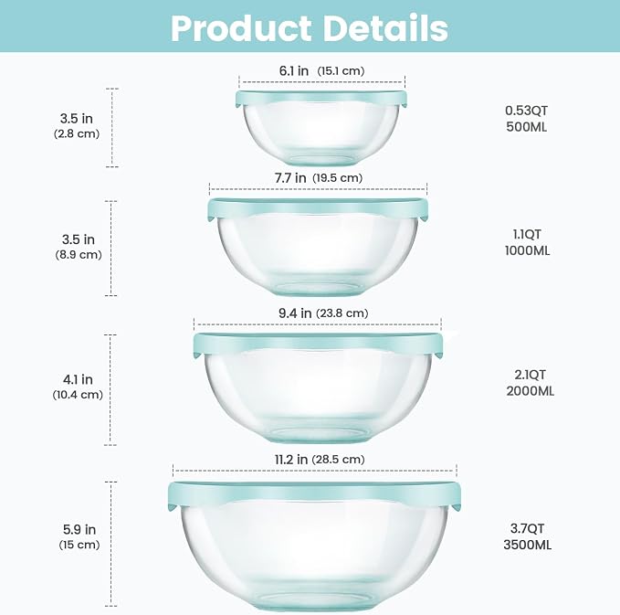Luvan Borosilicate Clear Glass Mixing Bowls with Lids Set of 4 (0.53qt, 1.1qt, 2.1qt, 3.7qt), Space Saving Nesting Bowls Large Kitchen Salad Bowls for Meal Preping,Baking,Mixing,Dishwasher Safe