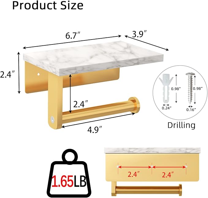 Brushed Gold Toilet Paper Holder with Natural Marble Shelf, 304 Stainless Steel Screw Wall Mounted, Tissue Roll Paper Holder Dispenser for Bathroom Washroom