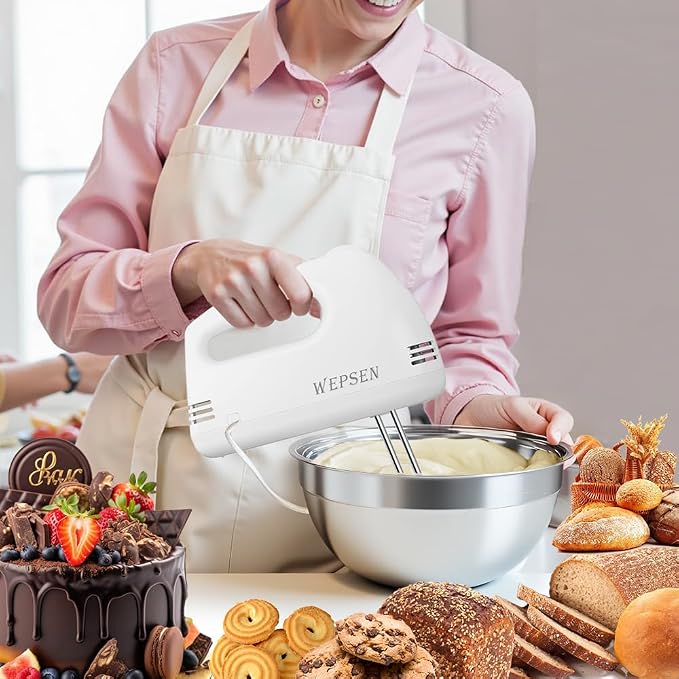 WEPSEN 5-Speed Electric Hand Mixer, 4 Large Mixing Bowls Set, Handheld Mixers with Whisks Beater, Stainless Steel Metal Nesting Bowl Measuring Cups Spoons Kitchen Cake Blender for Baking Supplies
