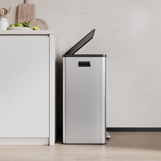 GarveeHome 16 Gallon Dual Compartment Trash Can, Stainless Steel Recycling Trash and Recycle Bin Combo with Step Pedal, Silent-Close Lid, Odor Control & Pet-Proof Design for Kitchen, Office