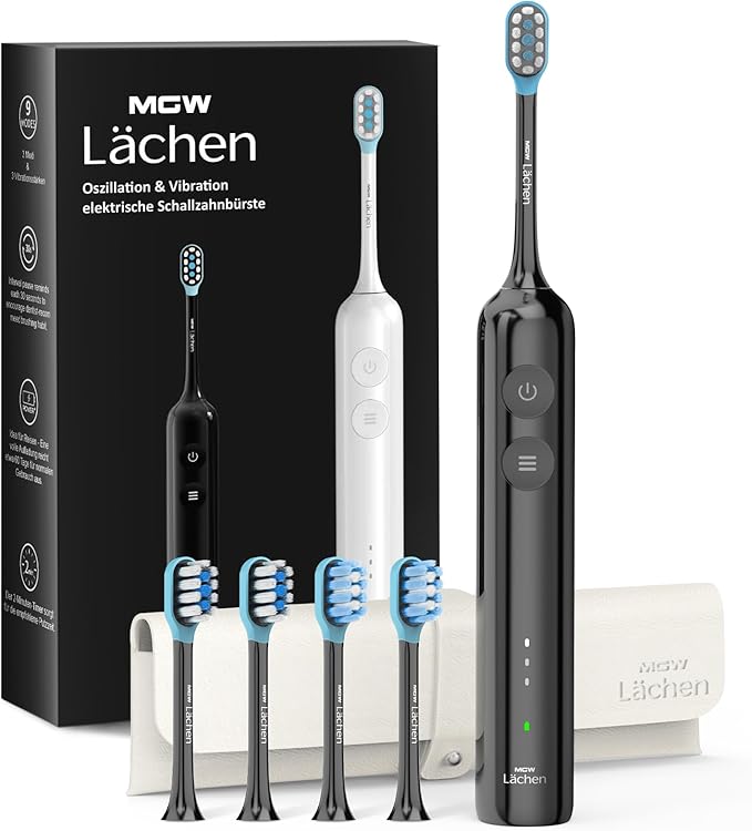 MGW Electric Toothbrush - Sonic Electric Toothbrush for Adults,Smart Timers & 3 Modes (3 Intensity Levels Each), IPX8 Waterproof, 4 Brush Heads, Travel Case, Black