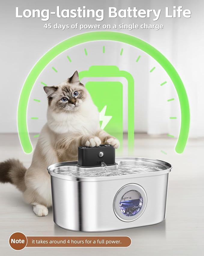 Cordless 3.2L/108oz Stainless Steel Cat Water Fountain Pet Fountain | Rechargeable Pet Water Dispenser - Motion Sensor Activation - Multi-Layer Filtration - Ultra-Quiet Pump