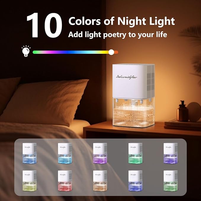 Dehumidifier 1657ML 58OZ Small Dehumidifier for Home 230 Ft² Safety Dehumidifiers Adjustable 10 Color Lights 5 Timers 3 Setting Modes Auto Shut Off Protection Low Noise For Bedroom Bathroom