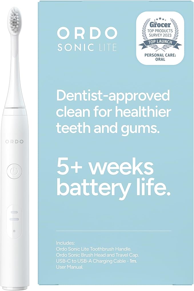 ORDO Sonic Lite Electric Toothbrush, Adults, Rechargeable, USB-C, Snow | Rechargeable sonic electric toothbrush, 35,000 pulses/min, dual modes, smart timer, 5+ week battery, USB-C charger