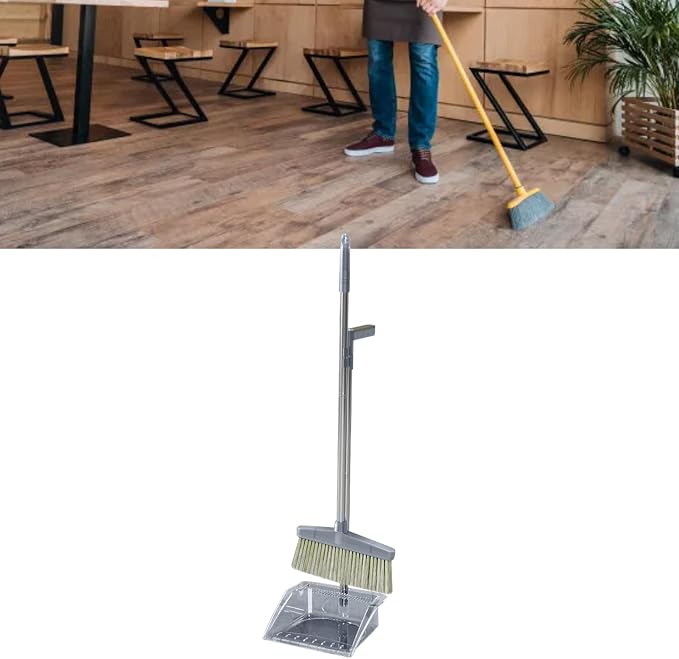 RiToEasysports Broom Dustpan Set Durable Cleaning Tool Large Sweeping Range for Home Bedroom,Stainless Steel Long Handle,PP Plastic Kit (Gray)